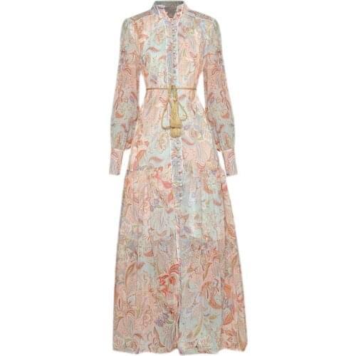 Women floral print chiffon boehmian dress spring summer 2021 designer single breasted lantern sleeve loose dresses beach vestido