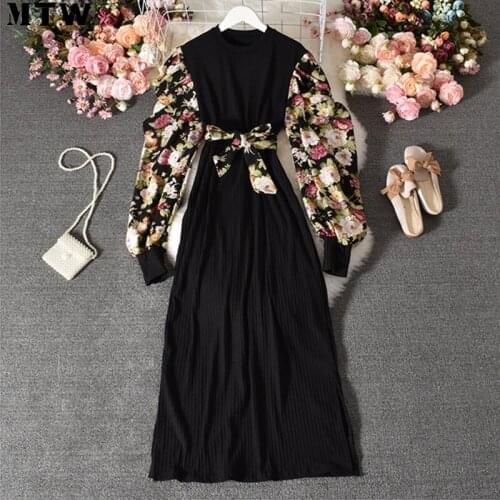 2021 Vintage O Neck Slim Bandage Autumn Women Knitted Dress Ladies Floral Long Sleeve Slim Maxi Dress Tunic Stretch Dress