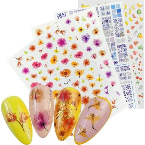 1 Sheet 3D Nail Stickers Adhesive Decals Flowers Leaf Geometry Fruit Dessert Designs Sliders Tattoo Manicure Decorations