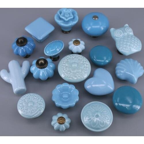 1x Blue Mediterranean Style Ceramic Kids Drawer Knobs Cute Cactus Owl Flower Shape Door Knobs Kitchen Cabinet Pulls Drawer Knobs