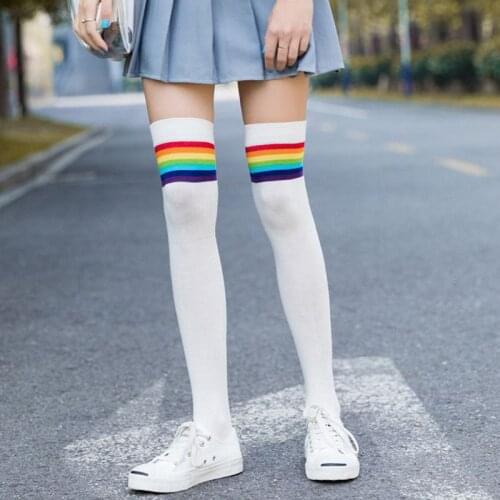 2020 Women Girls Over Knee Thigh High Stockings Rainbow Stripes Patchwork Long Socks