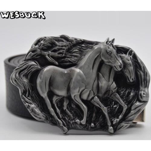 5 PCS MOQ WesBuck Brand Retail Mens' Two Running Horse Cowboy Metal Belt Buckle, Silver Oval Belt Buckle With PU Belt