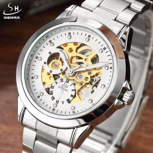 Luxury Silver Gold White Mechanical Automatic Wrist Watch Rome Number Men Stainless Steel Band Skeleton Dial Men Watch Time Gift