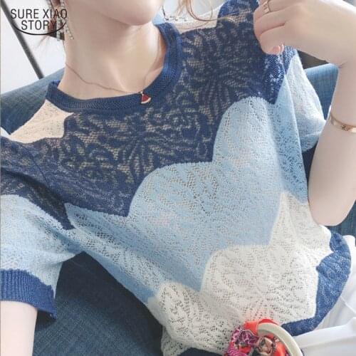 Elegant Blue Fashion O-Neck Women Shirts Casual Knit Shirt Women Blouses and Tops Summer Hollow Out Short Sleeve Clothing 14657