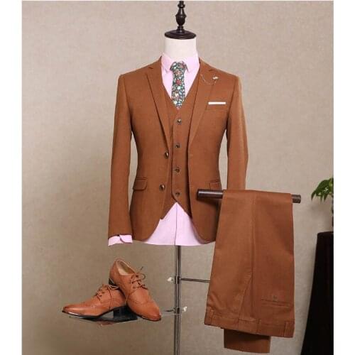 FOLOBE Blazer Brown Men Suit Spring Autumn Outerwear Wedding Suit Groom Tuxedos Groomsman Suit Man Suits (Jacket+Vest+Pants)