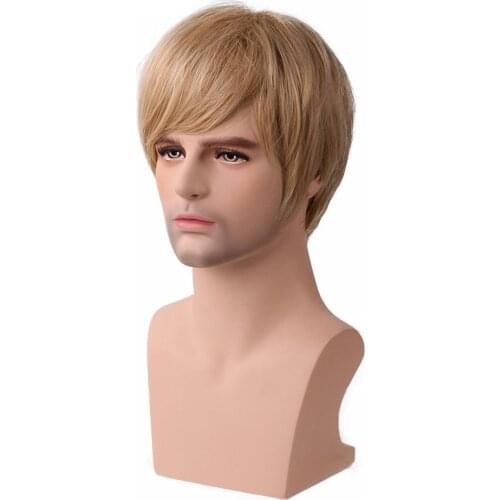 Handsome Men Natural Straight Short Wig with Oblique Bang Mixed Hair Toupee Blonde