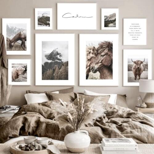 Horse Yak Grass Pine Forest Snow Mountain Nordic Posters And Prints Fall Art Canvas Painting Wall Pictures For Living Room Decor