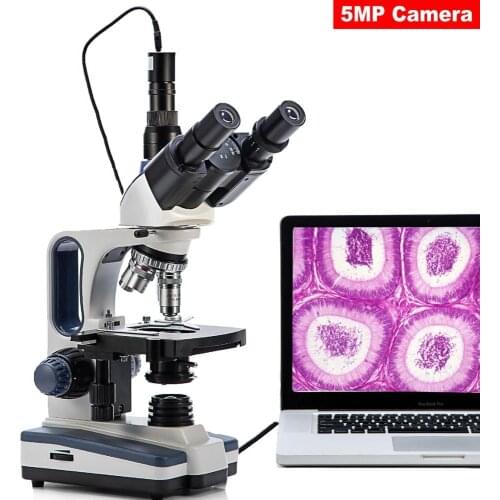 College Microscope Biological Vets Clinical--SWIFT 40X-2500X LED Digital Lab Trinocular Compound Microscope with 5MP Camera
