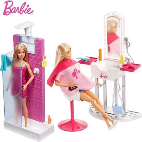 New Original Barbie Dolls Bathroom Hair Salon Furniture Accessories Play Set Childrens Educational Toys Gift DVX51