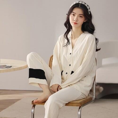 Autumn 2021 New Cotton Long-sleeved Trousers Women Pajamas Suit Simple Style Long pajamas Plius Size Womens Home Service 3XL