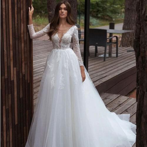 Elegant V-Neck Wedding Dress A-Line Long Sleeves Sequins Lace Appliques Sweep Train Bride Gown Illusion Back With Button Custom