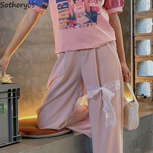 Pink Bow Casual Pants Women Sweet Cute Wide Leg Trousers Teen Girls Baggy Stylish Elegant Tender Girlish Popular Preppy Students