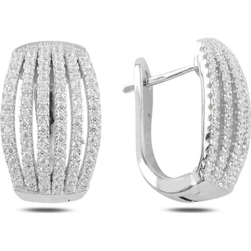 Silver 925 Sterling Cambered 6 Row Zircon Cubic Zirconia J Earrings