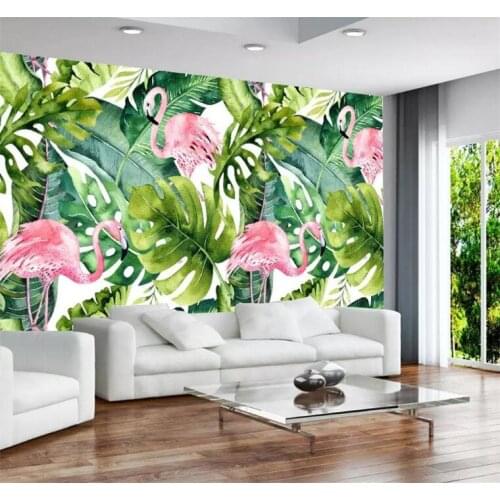 Nordic small fresh flamingo tortoise leaf background wall murals custom large mural green wallpaper papel de parede