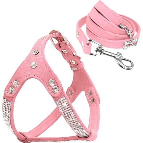 Rhinestone French Bulldog Harness Bling Suede Leather Puppy Dogs Harness Crystal Cat Small Dog Vest S M L for Chihuahua Poodle