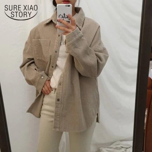 Vintage Corduroy Shirt Women Asymmetrical Pockets Korean Blouse Femme Loose All-match Boyfriend Style Woman Shirts Casual 11537