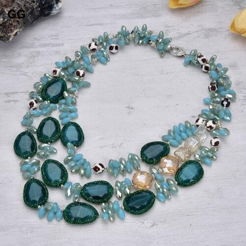 GuaiGuai Jewelry 21" 3 Strands Green Cat Eye Agate Gems Stone Crystal Necklace