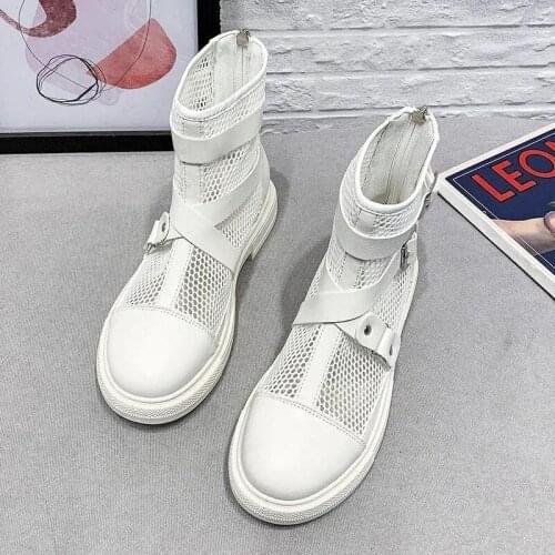 Women Designer Summer Mesh Hollow Out Martin Boots Gothic Platform Wedges Leather Buckle Ankle Boots Harajuku Punk Black Shoes