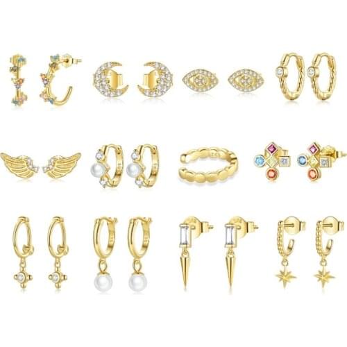 BISAER New Design Zircon Crystal Gold Drop Earrings For Women 925 Sterling Silver Earrings Huggie Fashion Jewelry Brinco ECE1263