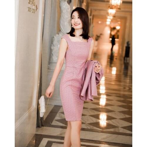 Pink Womens Dress Suit Elegant Blazer Dress Blaser+Sleeveless Dress 2 Piece Set Ladies Suits Formal Set A Blazer and A Dress