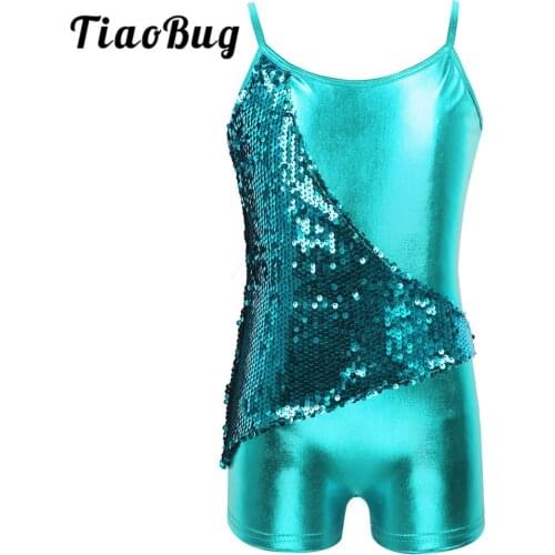 TiaoBug Kids Girls Spaghetti Straps Sequins V-shaped Back Metallic Gymnastics Leotard Unitards Performance Ballet Dance Costume