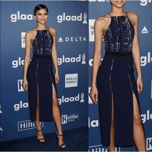 Deep Blue Sexy Strap Beading Zipper Midi Bodycon Women Dress Homecoming Evening Party Dress