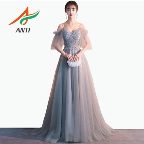 ANTI Hot Sale 2019 Evening Dress Long Elegant Appliques Beading Tulle Spaghetti Strap robe de soiree V-Neck Half-Sleeve Gowns