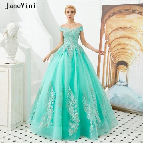 JaneVini Elegant Ball Gown Mint Green Long Prom Dresses Off Shoulder Exquisite Lace Embroidery Beaded Tulle Women Formal Dress
