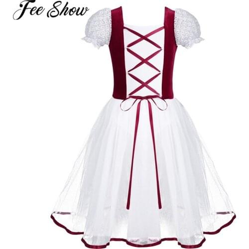 Professional Ballet Velvet Tutu Dress Kids girls Short Bubble Sleeves Lacework Tulle Skating Dress Ballerina Costumes Dress