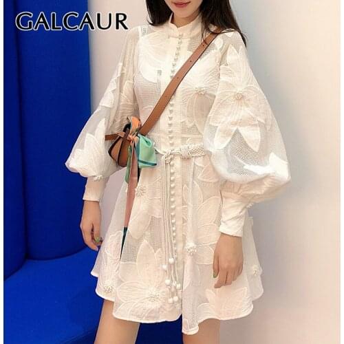 GALCAUR White Patchwork Floral Embroidery Womens Dress Stand Collar Lantern Long Sleeve High Waist Lace Up Dresses Female 2020