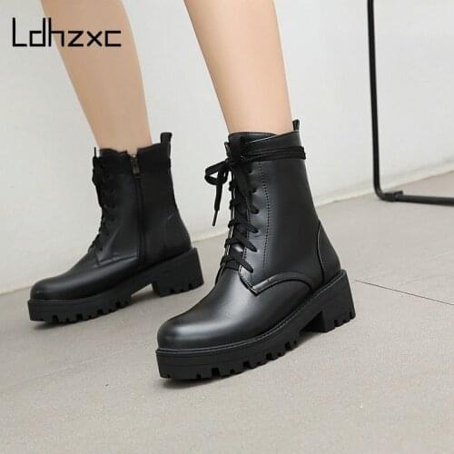 LDHZXC Punk Women Ankle Boots Pu Leather Side Zipper Shoes Woman Low Heels Fashion Winter Motorcycle Boots Shoes