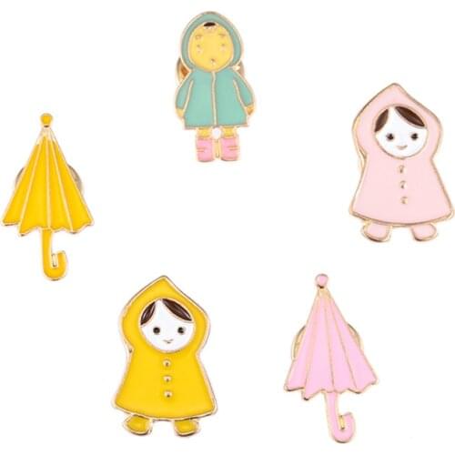 HOSENG 5Pcs/Lot Cartoon Cute Student Wearing Raincoat Brooch Women Man Children Bag Clothes Enamel Pin Friend Gift HS_3865