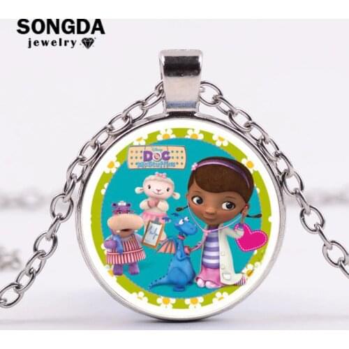 SONGDA Doc Mcstuffins Children Cartoon Necklace Dottie Girl Figure Pattern Glass Cabochon Toy Pendant Necklace Kids Jewelry Gift