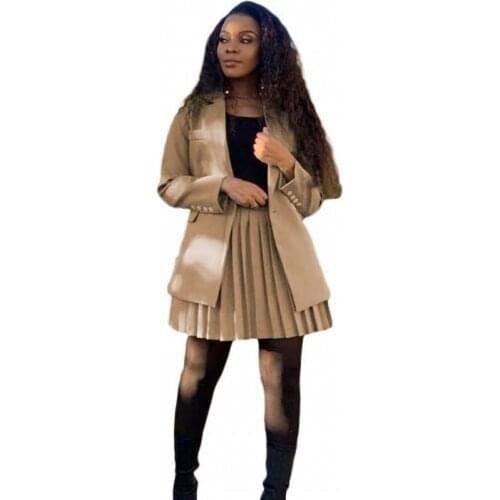 European American New Two-piece Skirt Suit Womens Small Suit Solid Color Double Breasted Blouse Long Sleeve Pleated Skirt Suit