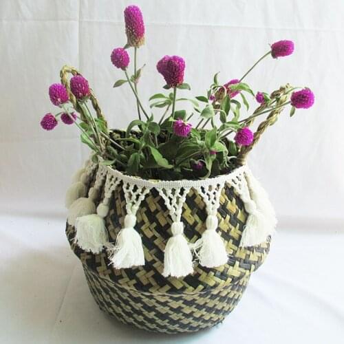 Seagrass Storage Baskets Wickerwork Black Plaid Basket With White Tassel Garden Flower Pot Laundry Basket Container Toy Holder