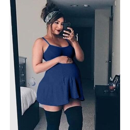 Summer new fashion big belly women sexy personality ladies pregnant women sling solid color lotus leaf swing sexy dress