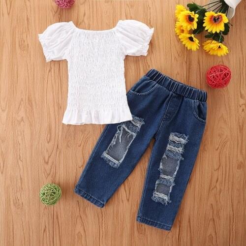 Summer Girls T-shirt and Jeans Suit Fashion Solid Color Puff Sleeve Folds Skinny Tops and Ripped Denim Pants Outfit