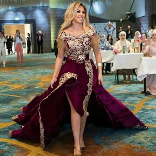 Fashion Detachable Train Prom Dresess Side Split 2021 Appliques Gold Lace Off Shoulder Women Formal Evening Gowns Red Car