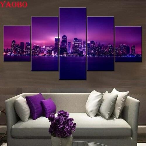 Full Square Round 5D DIY Diamond Painting Purple Light City Night View Embroidery Cross Stitch Rhinestone Mosaic Painting 5pcs