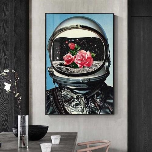 Space Rose Astronaut Wall Art Canvas Painting Walk On The Moon Universe Eploration Poster Cuadros for Living Room Home Decor