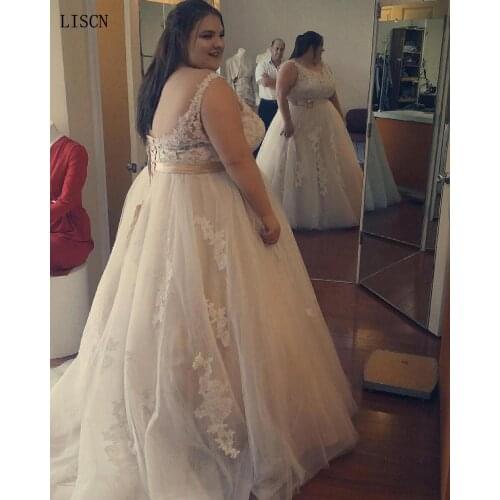 New Champagne Sash Handmade Flower Plus Size Wedding Dress Sexy Backless Boho Corset Tulle Appliques Garden Bridal Gowns A-line