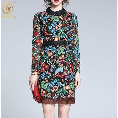 SMTHMA 2021 New Fashion Runway Spring Dress Womens Long Sleeve Vintage Mesh Flower Embroidery Party Dress Vestidos