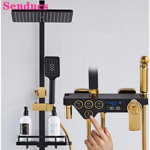 Thermostatic Bathroom Shower Set Senducs Solid Brass Bathroom Mixer Tap ABS Rainfall Shower Head Black Gold Digital Shower Set