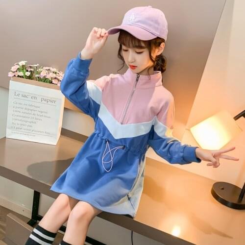 Spring And Autumn Girls Cotton Color Matching Waist Sweater Dress 2021 New Childrens One-Piece Long-Sleeved Casual Skirt