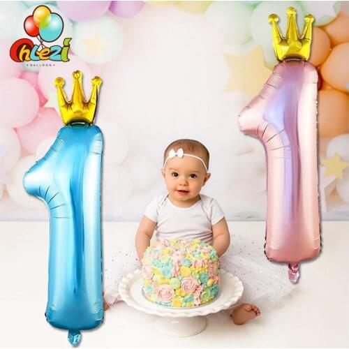 2pcs 36inch Crown Number 1 Foil Balloons Macaron Blue Pink Digital Helium Ballon One Year Birthday Party Decoration Baby Shower