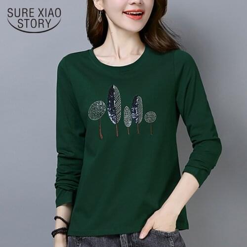 Tee Shirt Women Long Sleeve TShirt Female O-neck Korean Cotton Embroidery Femme 2019 Tshirts Autumn Plus Size Women Tops 7836 50