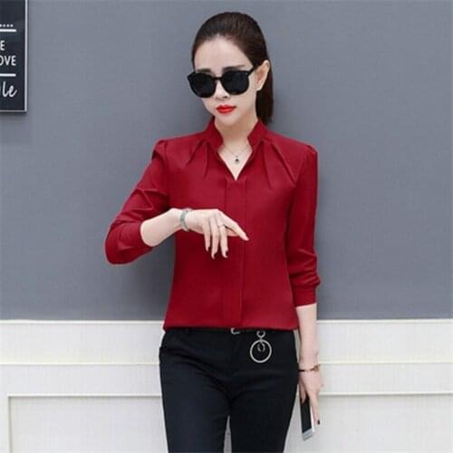 2019 Women Sexy V-neckline Chiffon Blouse Ladies Long Sleeve Pleated Shirts Elegant Plus Size Stylish Office Blouse