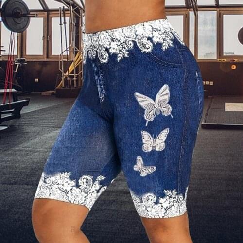 Women Denim Shorts Lace Patchwork Butterfly Print Bodycon Shorts Elastic Skinny Denim Shorts For Women Short Feminino