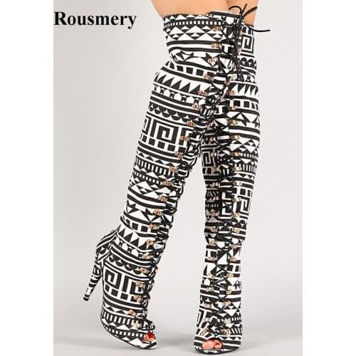 Women New Fashion Lace-up Open Toe Geometric Shapes Printed Over Knee High Gladiator Boots Buckle Design High Heel Boots