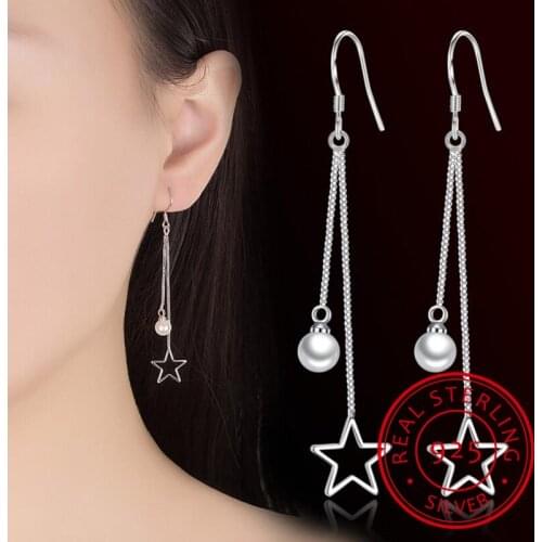 925 Sterling Silver Earrings For Women Sterling-silver-jewelry Pearl Star Tassel Earrings oorbellen brincos S-E427